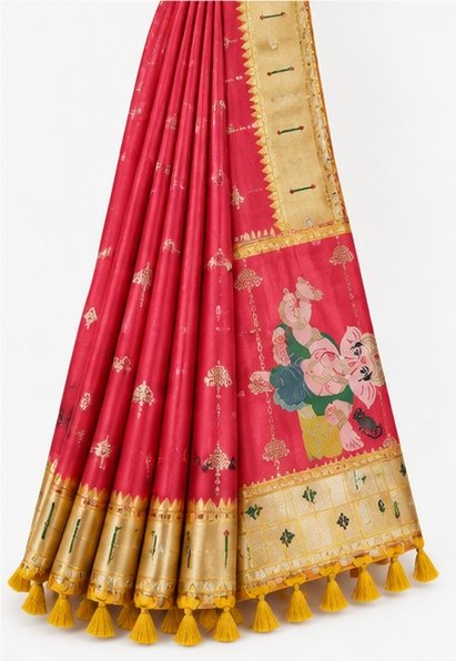 Pink & Blue Paithani Silk Saree with Ganesha Pallu