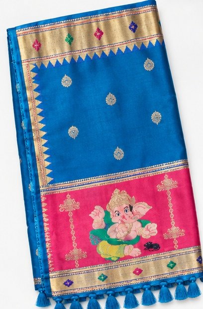 Royal Blue Traditional Paithani Silk Saree with Ganesha Pallu view 2