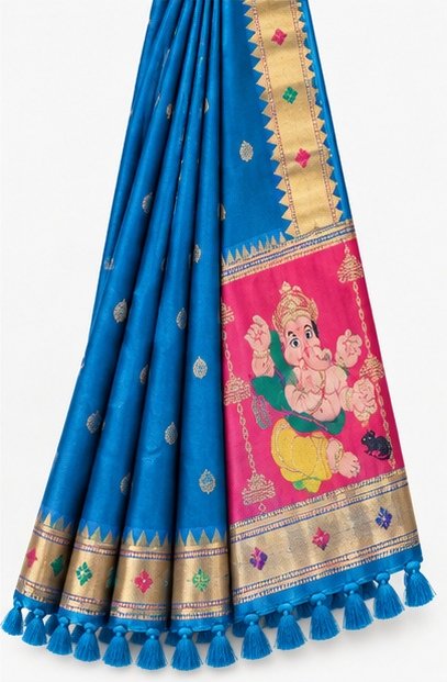 Royal Blue Traditional Paithani Silk Saree with Ganesha Pallu