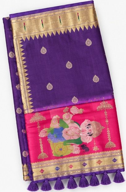 Royal Purple Paithani Silk Saree with Ganesha Pallu view 2