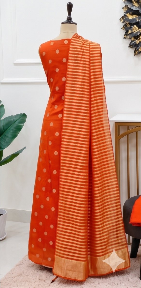 Orange Pure Mul Chanderi Suit Set with Tissue Stripe Dupatta A1 view 1