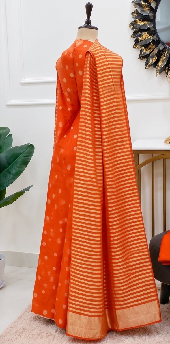 Orange Pure Mul Chanderi Suit Set with Tissue Stripe Dupatta A1 view 5