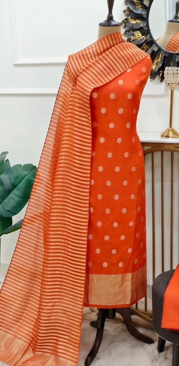 Orange Pure Mul Chanderi Suit Set with Tissue Stripe Dupatta A1 view 6