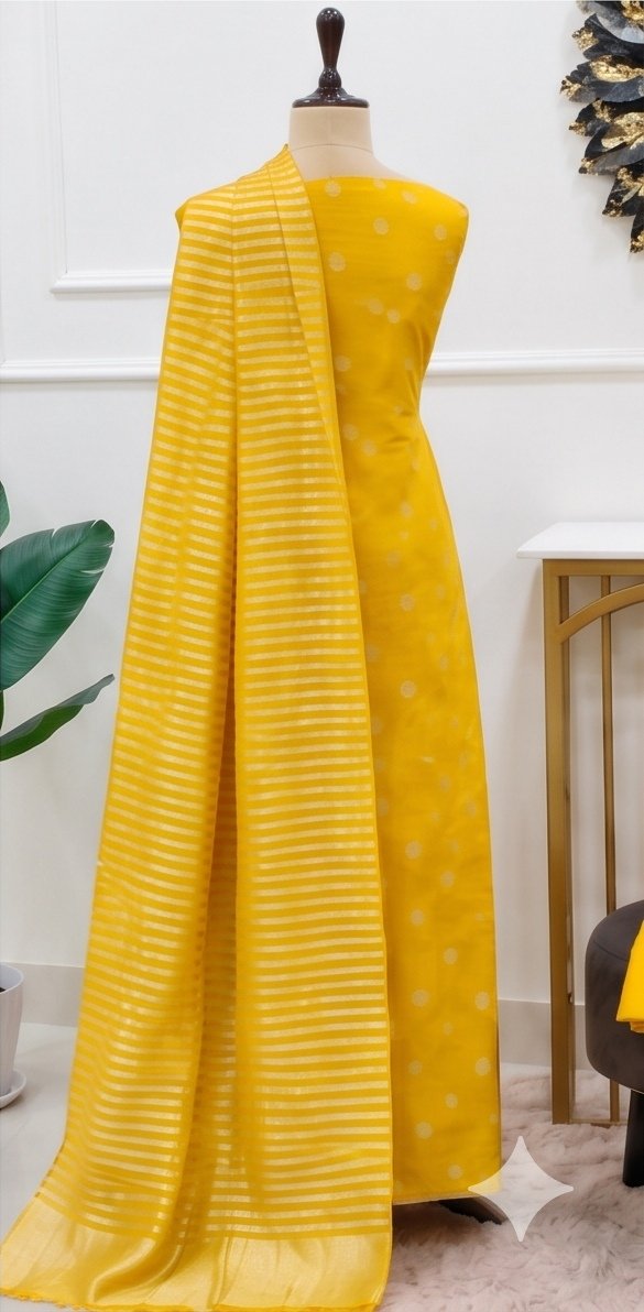 Yellow Pure Mul Chanderi Suit Set with Tissue Stripe Dupatta A2 view 1