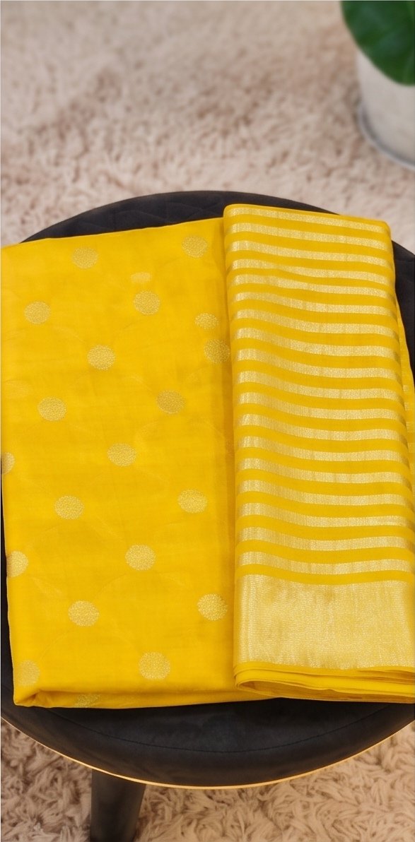 Yellow Pure Mul Chanderi Suit Set with Tissue Stripe Dupatta A2