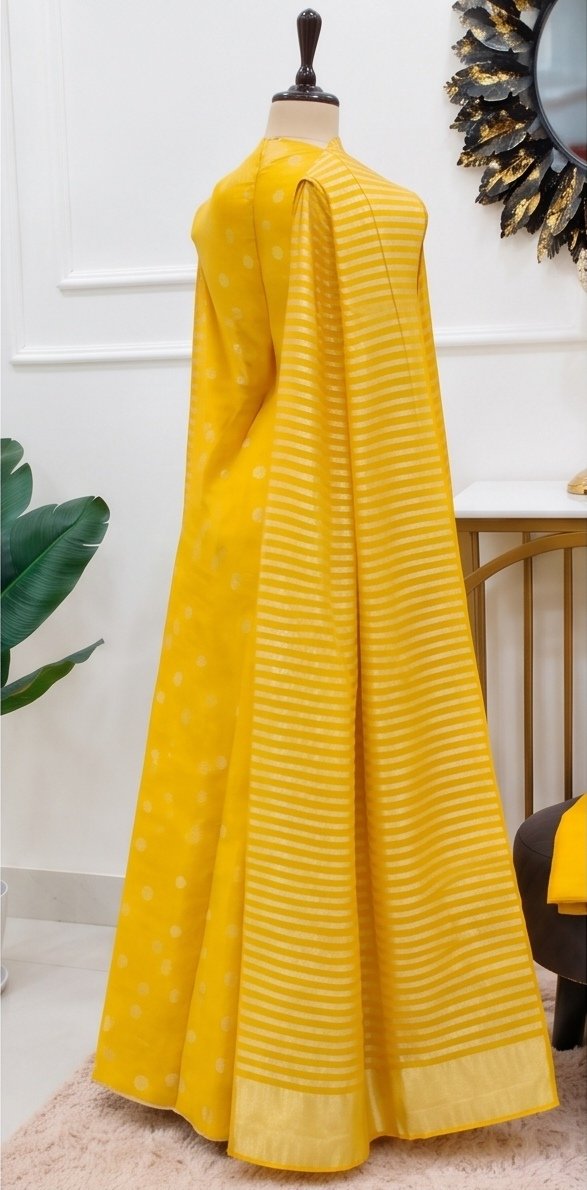 Yellow Pure Mul Chanderi Suit Set with Tissue Stripe Dupatta A2 view 5