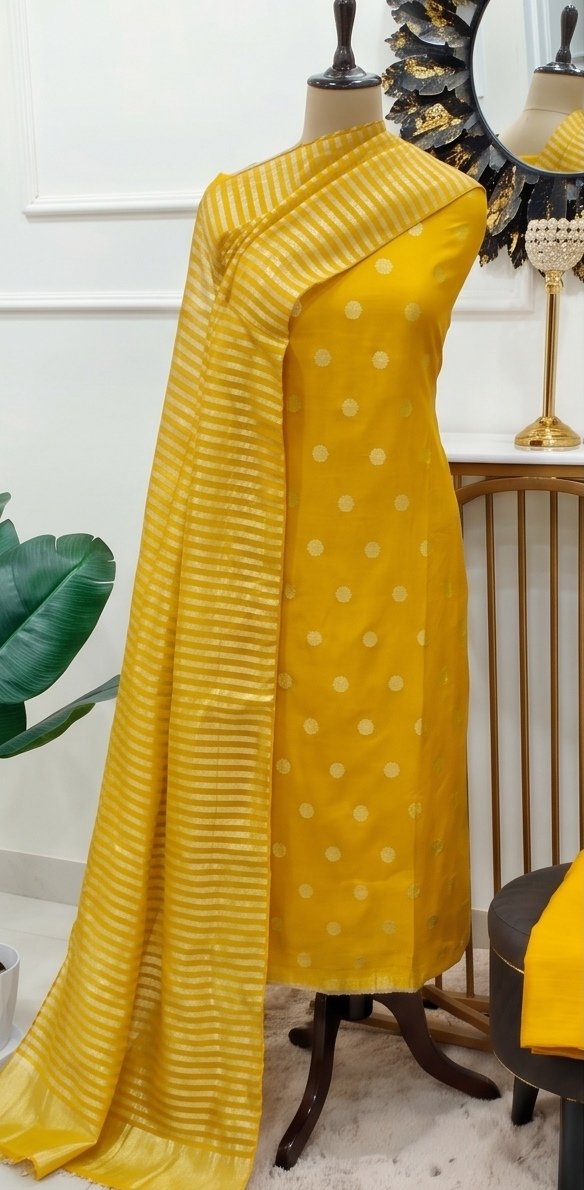 Yellow Pure Mul Chanderi Suit Set with Tissue Stripe Dupatta A2 view 6