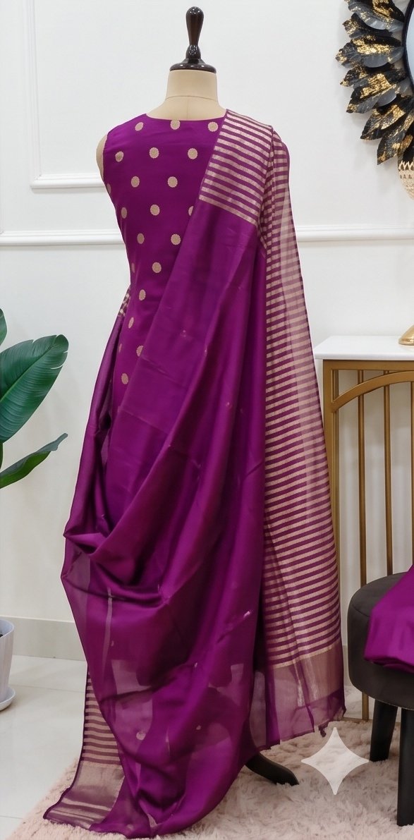 Festive Collection Pure Mul Chanderi Suit Set with Tissue Stripe Dupatta – Purple A4