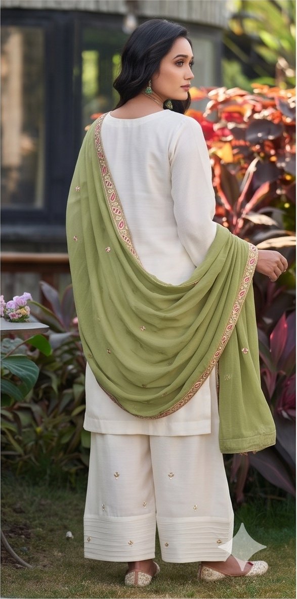 White Embroidered Crunchy Silk Suit Set with Olive Green Dupatta B1