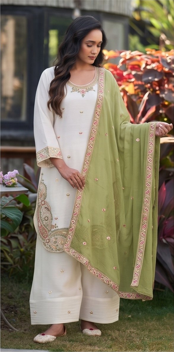 White Embroidered Crunchy Silk Suit Set with Olive Green Dupatta B1 view 2