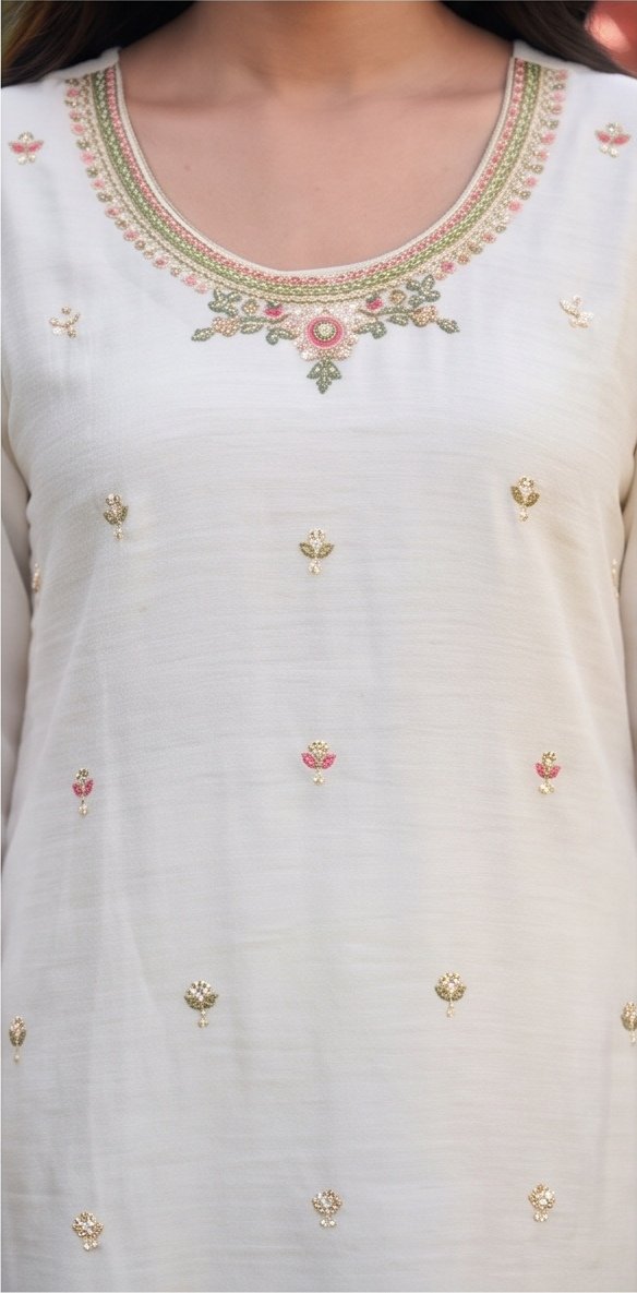 White Embroidered Crunchy Silk Suit Set with Olive Green Dupatta B1 view 3