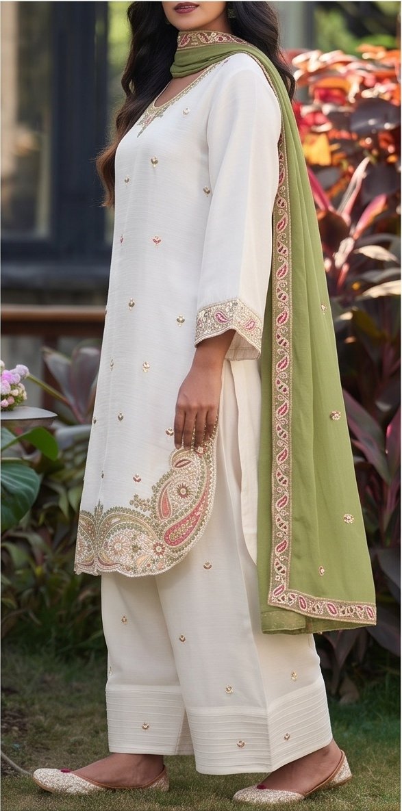White Embroidered Crunchy Silk Suit Set with Olive Green Dupatta B1 view 4