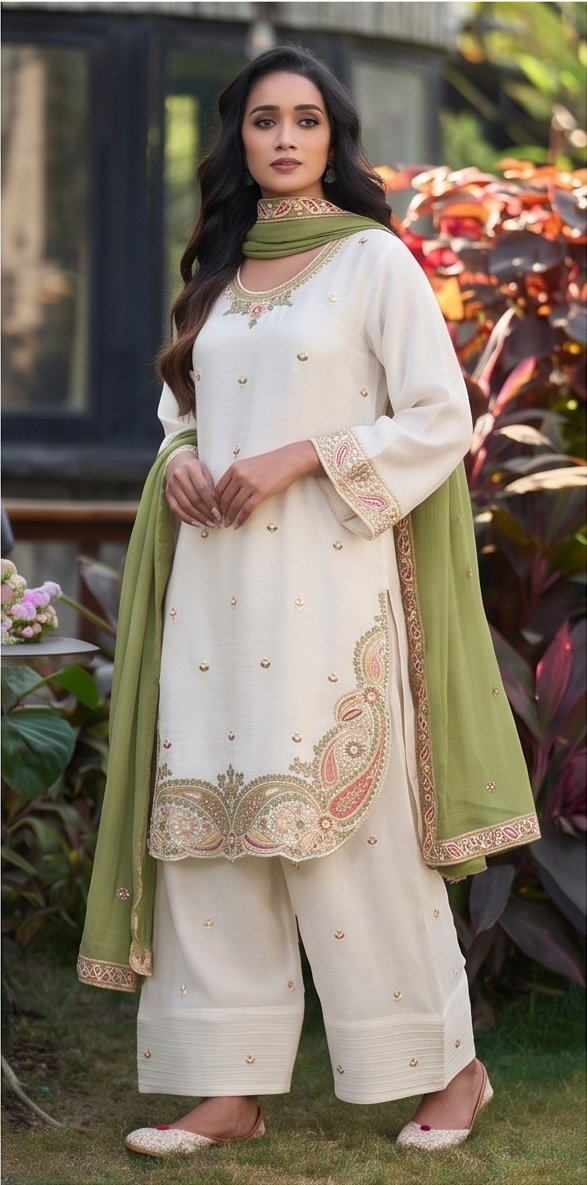 White Embroidered Crunchy Silk Suit Set with Olive Green Dupatta B1 view 5