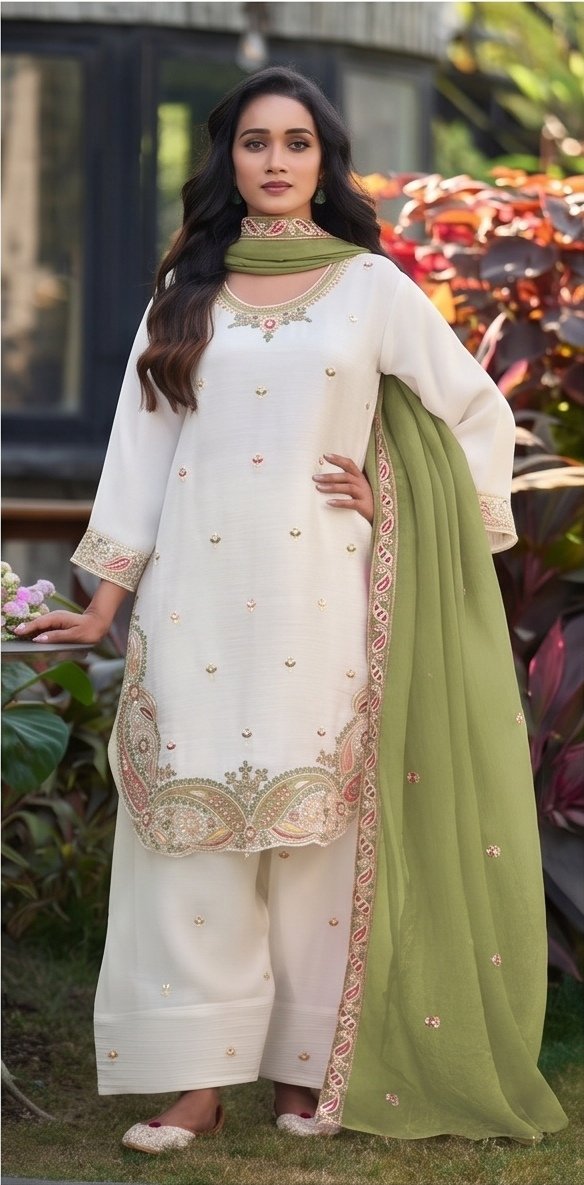 White Embroidered Crunchy Silk Suit Set with Olive Green Dupatta B1 view 6