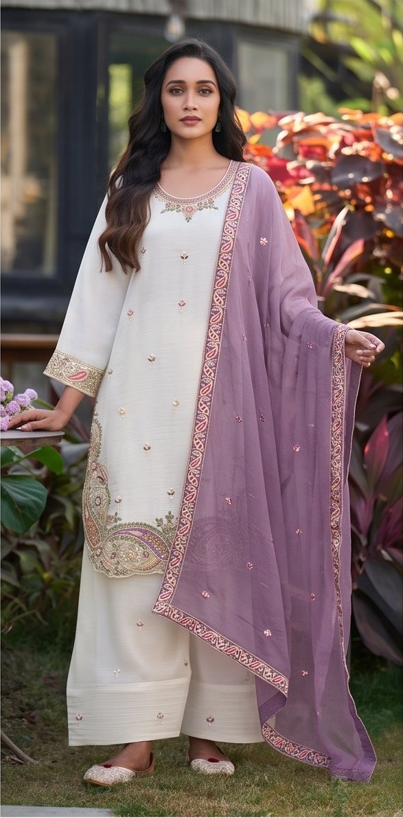 Ivory White and Lavender Embroidered Readymade Suit Set B2 view 2