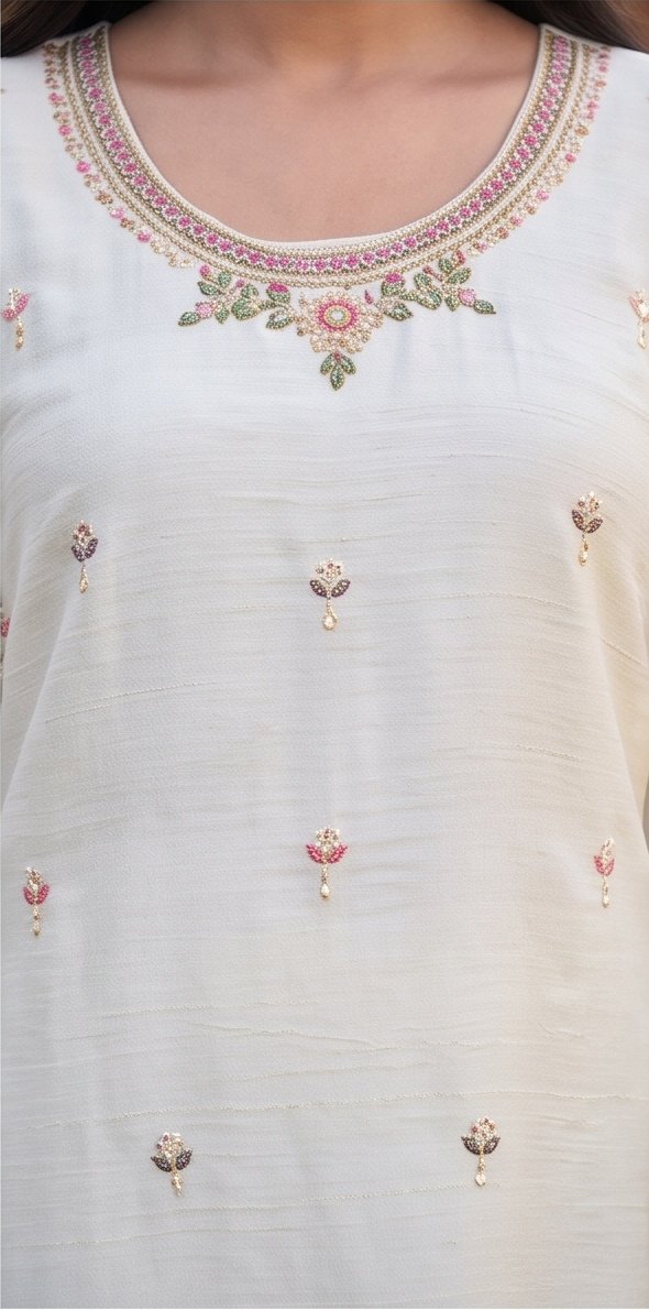 Ivory White and Lavender Embroidered Readymade Suit Set B2 view 3