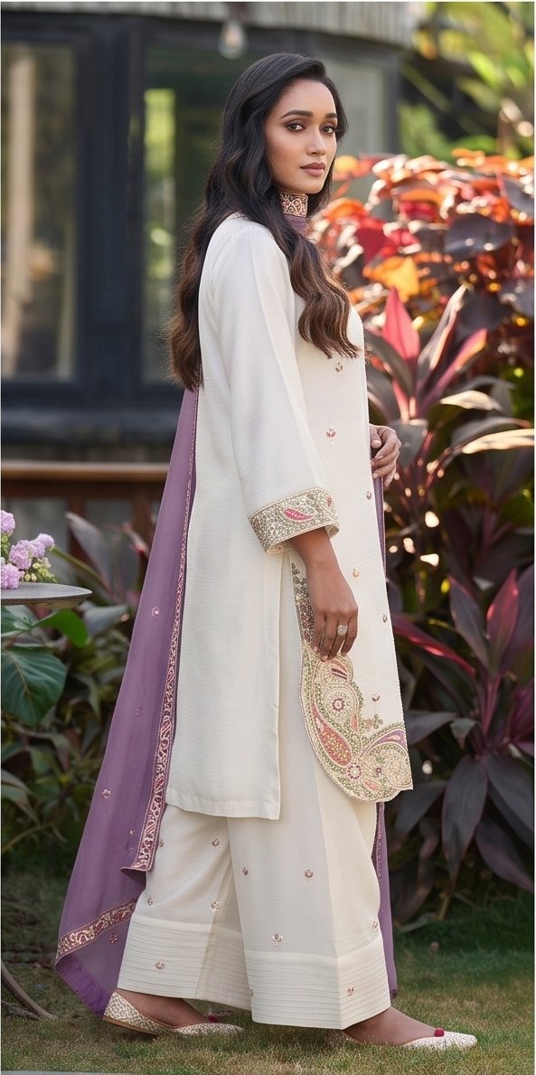 Ivory White and Lavender Embroidered Readymade Suit Set B2 view 4