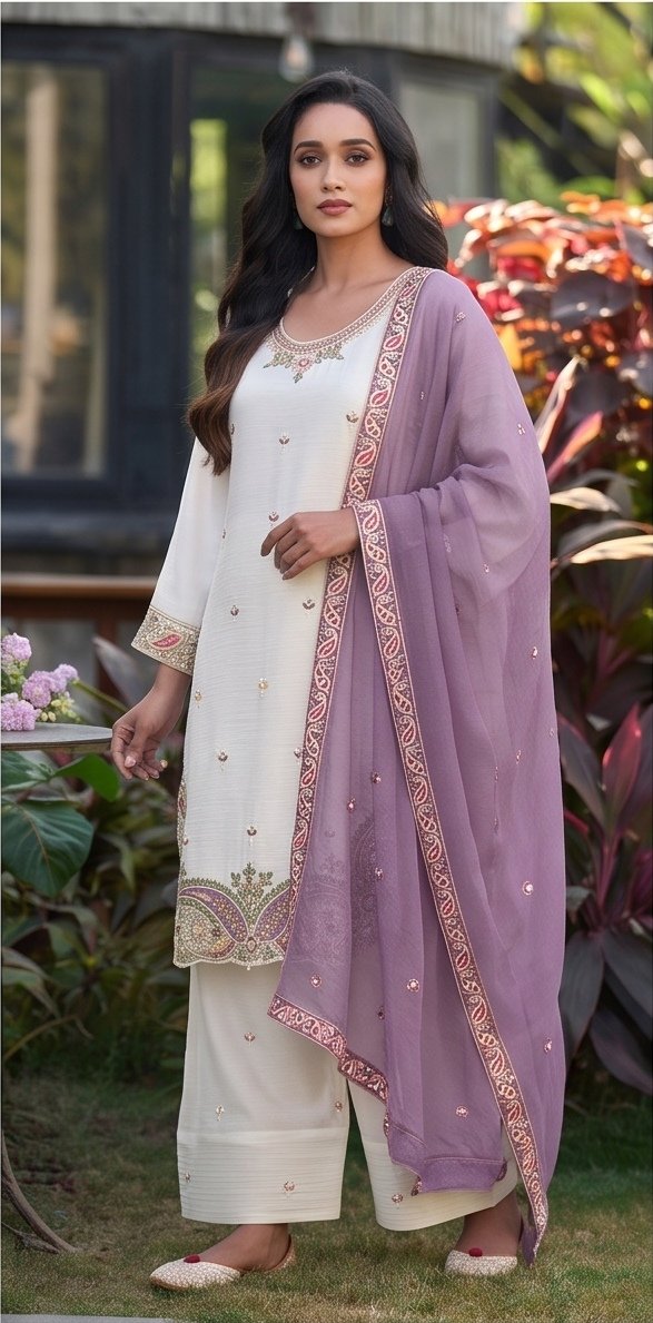 Ivory White and Lavender Embroidered Readymade Suit Set B2 view 5