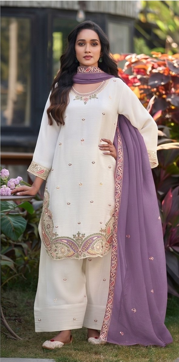 Ivory White and Lavender Embroidered Readymade Suit Set B2