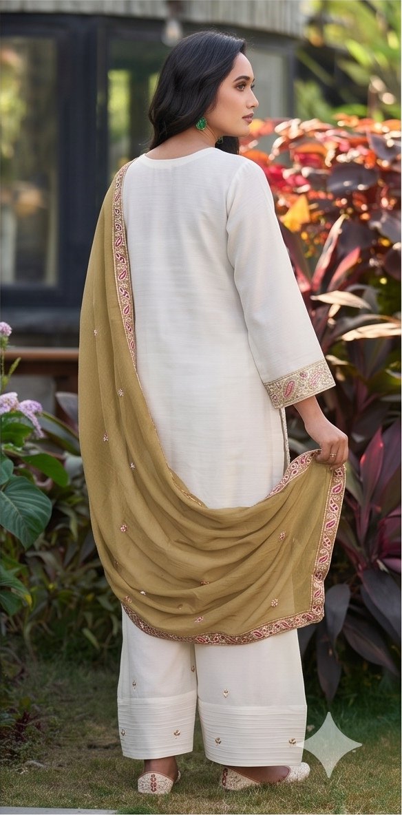 Ivory White and Olive Mustard Embroidered Readymade Suit Set B3 view 1