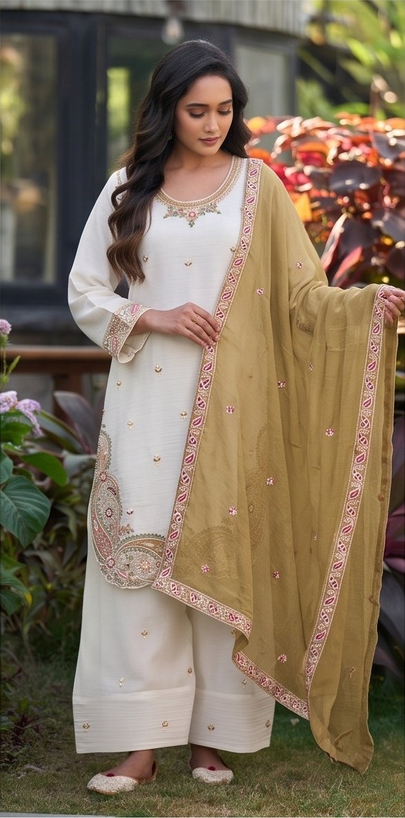 Ivory White and Olive Mustard Embroidered Readymade Suit Set B3
