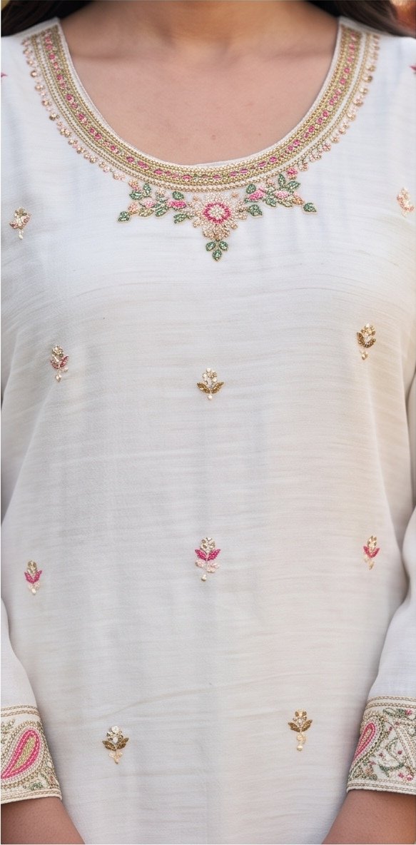 Ivory White and Olive Mustard Embroidered Readymade Suit Set B3 view 3