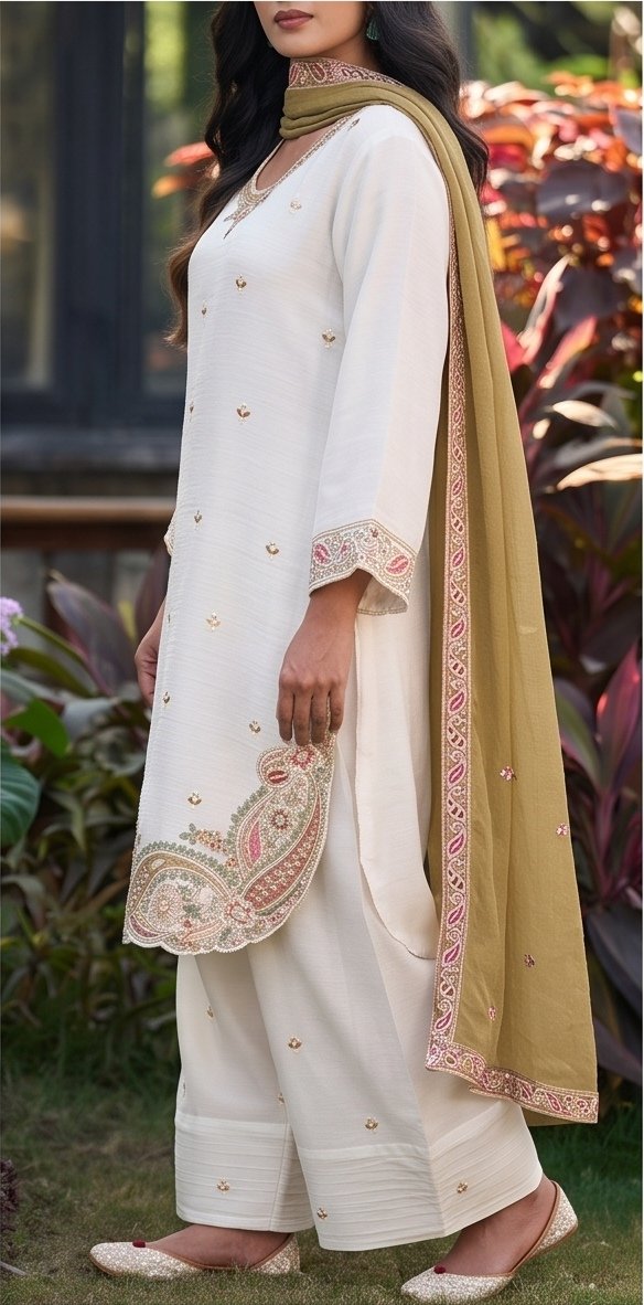 Ivory White and Olive Mustard Embroidered Readymade Suit Set B3 view 4