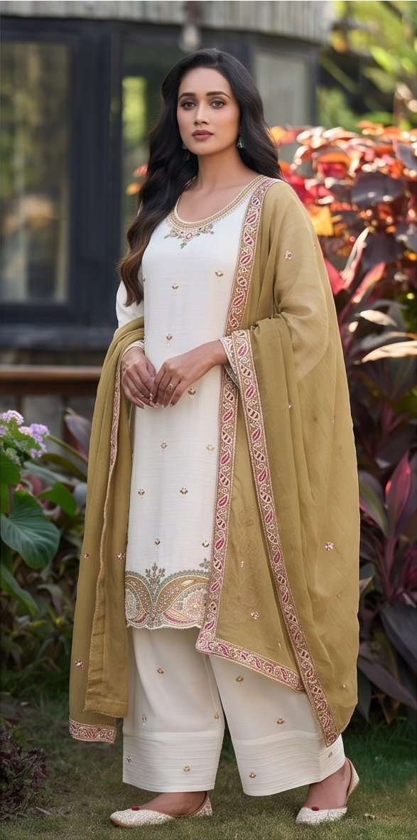 Ivory White and Olive Mustard Embroidered Readymade Suit Set B3 view 5