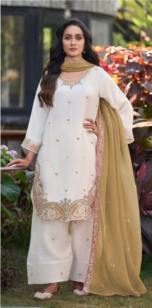 Ivory White and Olive Mustard Embroidered Readymade Suit Set B3 view 6