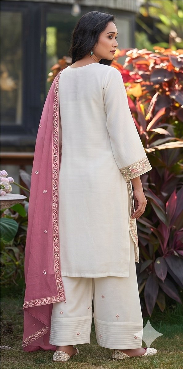 White Crunchy Silk Embroidered Suit Set with Pink Dupatta B4 view 1