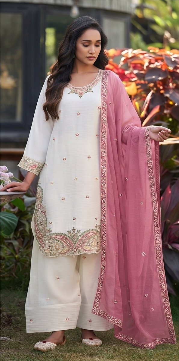 White Crunchy Silk Embroidered Suit Set with Pink Dupatta B4