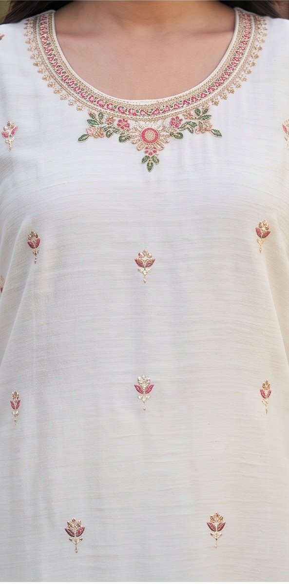 White Crunchy Silk Embroidered Suit Set with Pink Dupatta B4 view 3