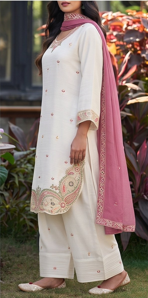 White Crunchy Silk Embroidered Suit Set with Pink Dupatta B4 view 4