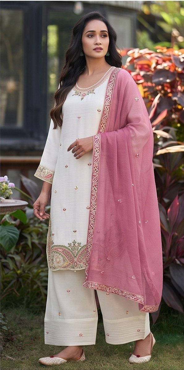 White Crunchy Silk Embroidered Suit Set with Pink Dupatta B4 view 5