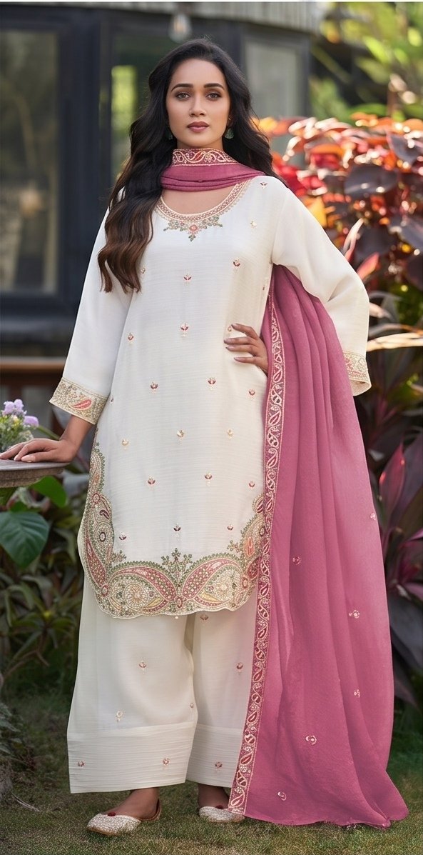White Crunchy Silk Embroidered Suit Set with Pink Dupatta B4 view 6