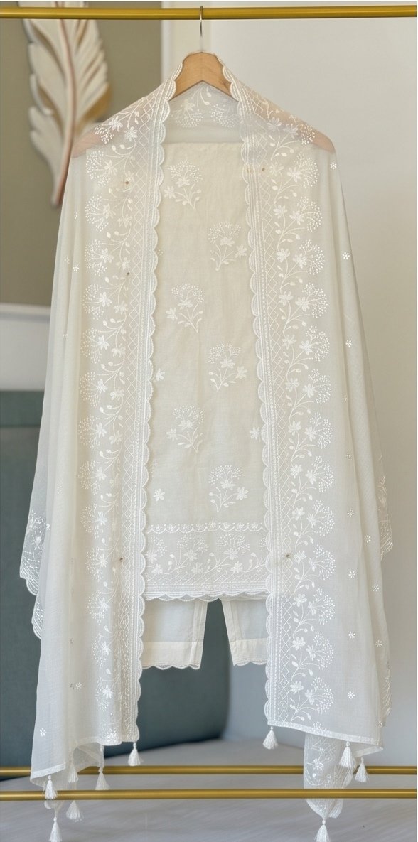 Banarasi Mul Cotton Self Embroidered Suit – Ivory C1 view 3