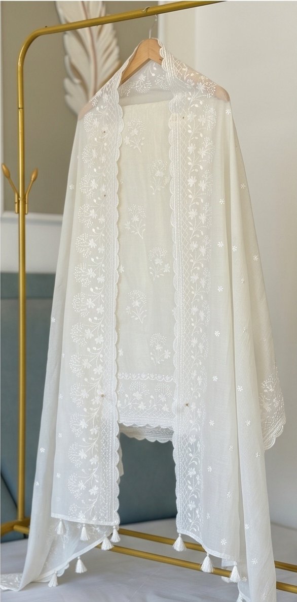 Banarasi Mul Cotton Self Embroidered Suit – Ivory C1