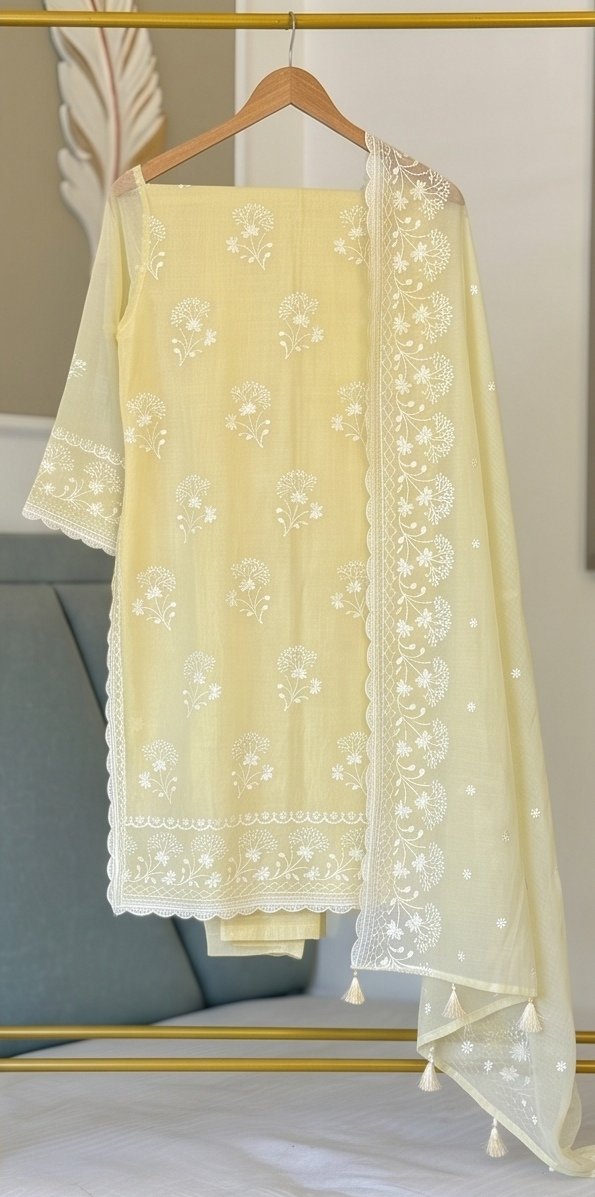 Yellow Banarasi Mul Cotton Self Embroidered Suit C2 view 4