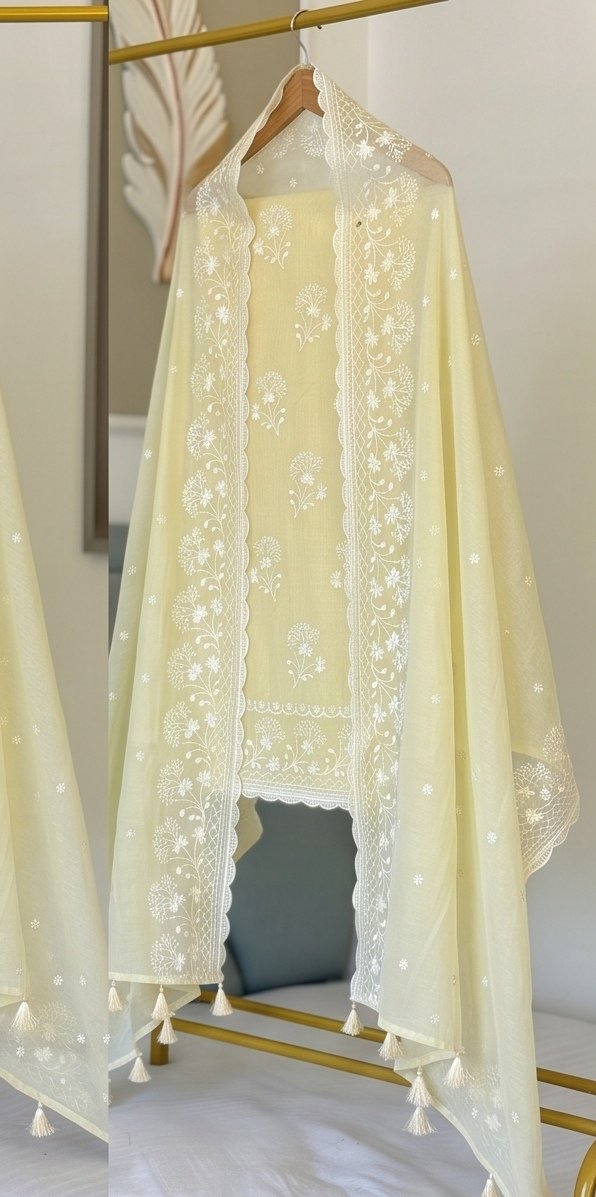 Yellow Banarasi Mul Cotton Self Embroidered Suit C2 view 5