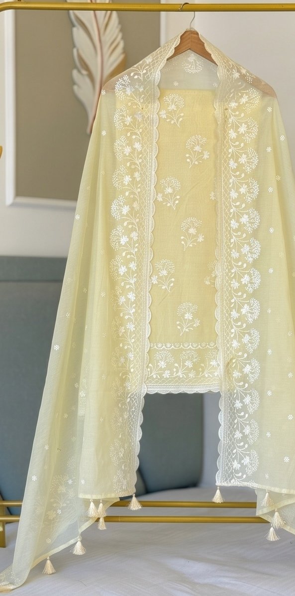 Yellow Banarasi Mul Cotton Self Embroidered Suit C2 view 6
