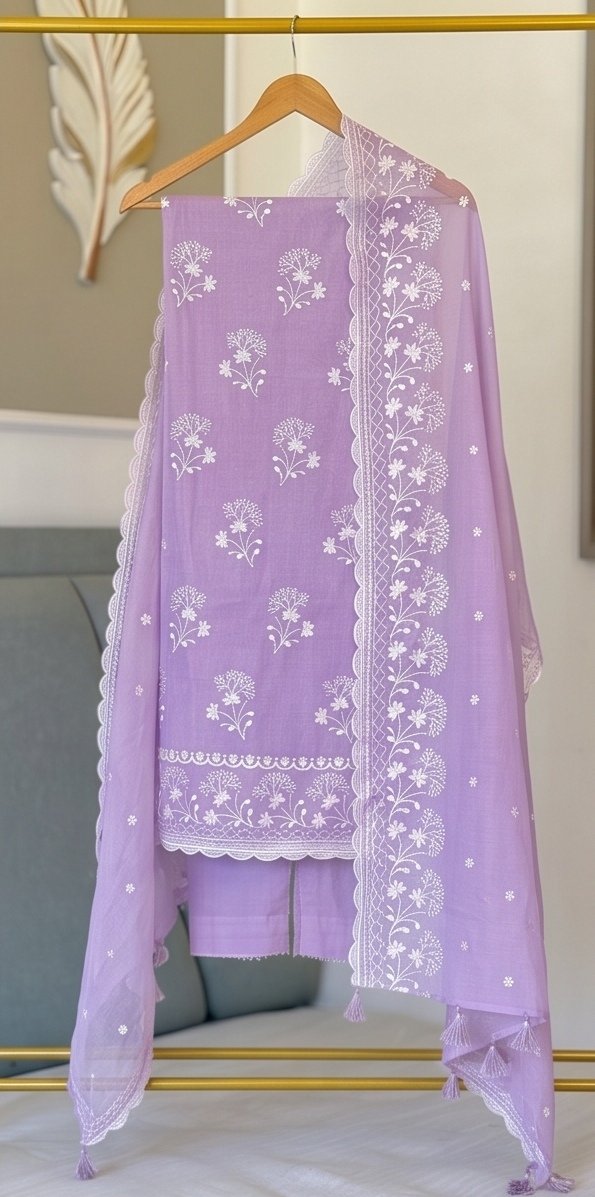 Lavender Banarasi Mul Cotton Embroidered Suit Set C3 view 4