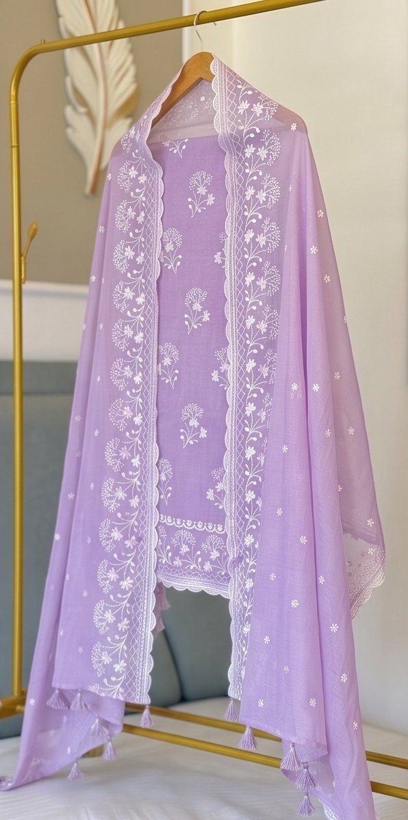 Lavender Banarasi Mul Cotton Embroidered Suit Set C3 view 5