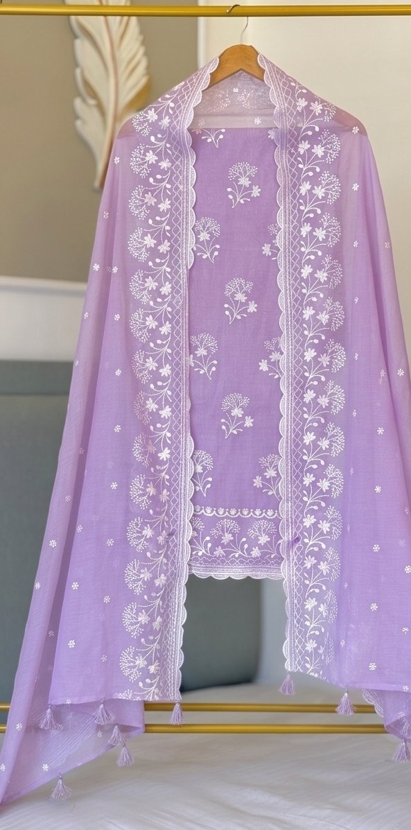 Lavender Banarasi Mul Cotton Embroidered Suit Set C3 view 6