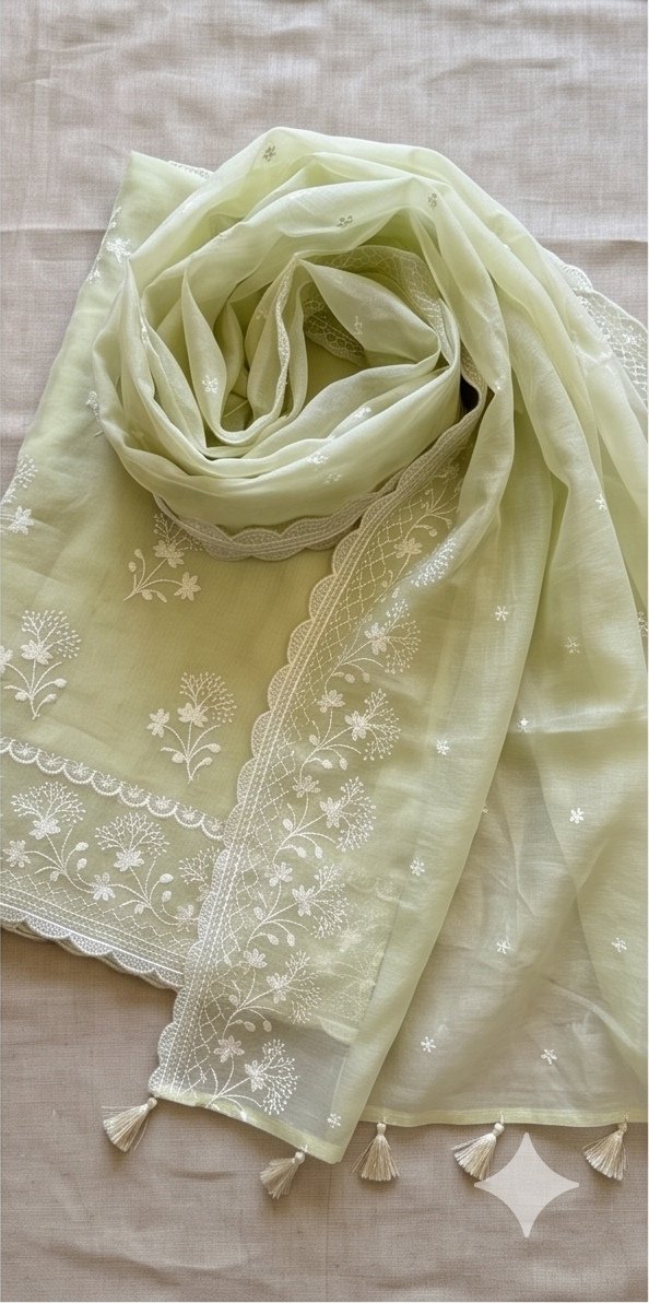 Banarasi Mul Cotton Embroidered Suit Set – Pista Green C5 view 1