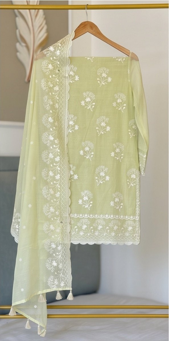 Banarasi Mul Cotton Embroidered Suit Set – Pista Green C5 view 4