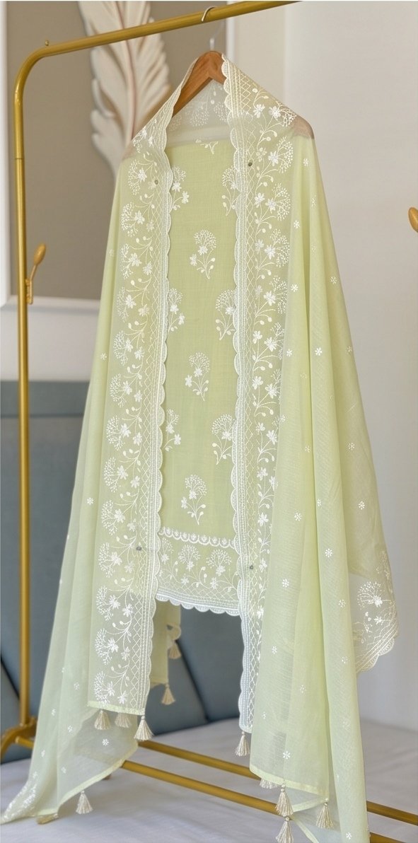 Banarasi Mul Cotton Embroidered Suit Set – Pista Green C5
