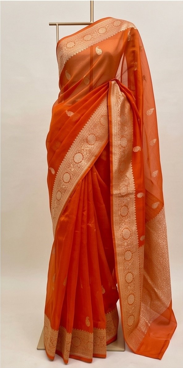 Orange Banarasi Kora Organza Silk Saree with Gold Zari Border D1 view 1