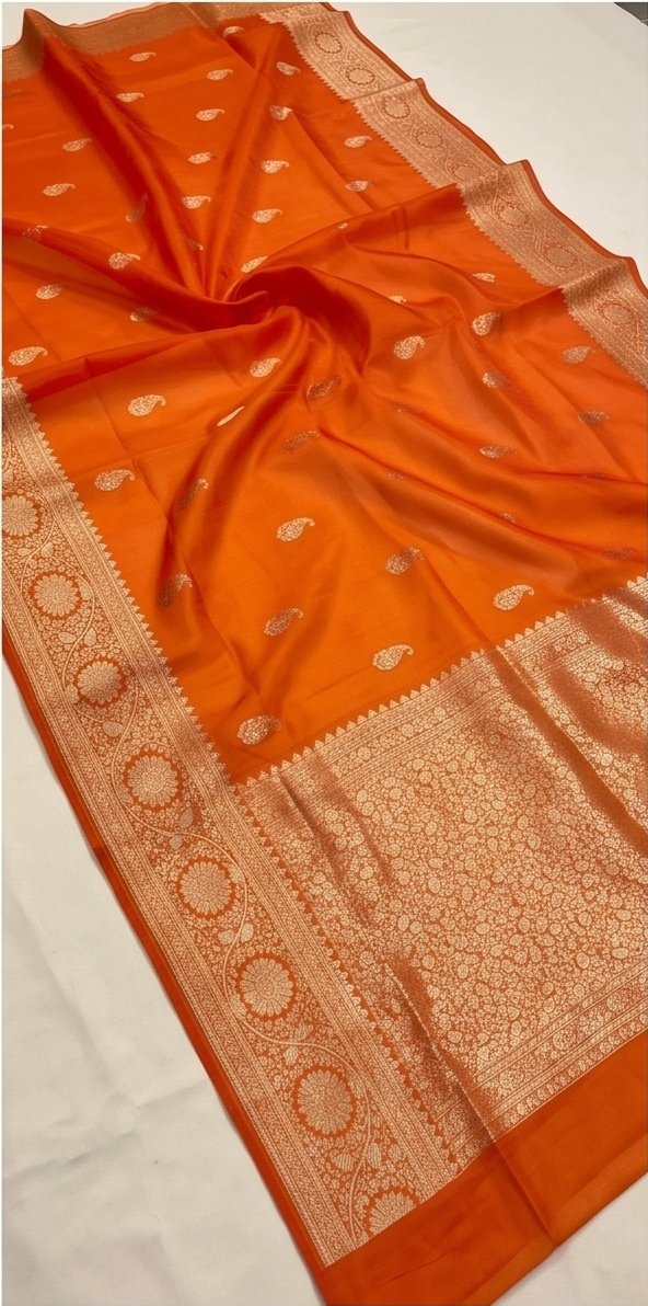 Orange Banarasi Kora Organza Silk Saree with Gold Zari Border D1