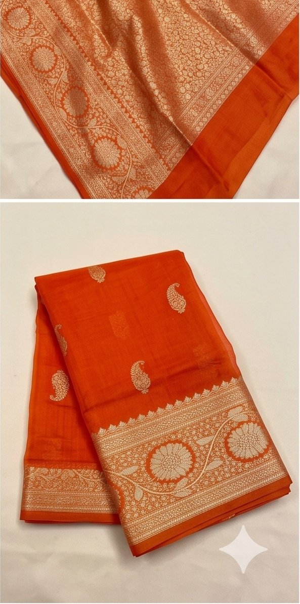 Orange Banarasi Kora Organza Silk Saree with Gold Zari Border D1 view 3