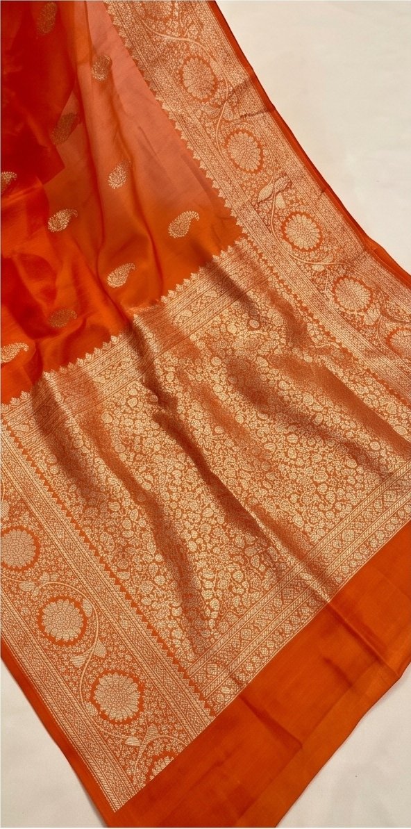 Orange Banarasi Kora Organza Silk Saree with Gold Zari Border D1 view 4